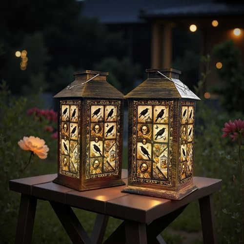 Solar Lantern Outdoor Garden Hanging Lantern Crow Skull Roses Butterflies Birdcage Golden Black Gothic Waterproof Solar Powered Lighting Outside Table Lamp for Patio Deck Yard Camping - Image 6