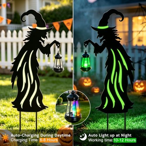 Halloween Decorations Outdoor,Metal Yard Witch Stake with Solar Lantern - Image 2