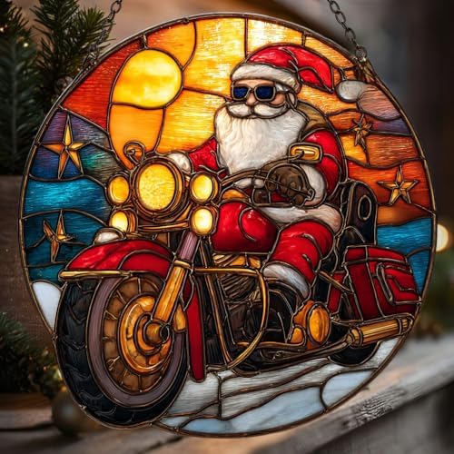 Cool Retro Santa Riding Motorcycle Mosaic Acrylic Suncatcher - Image 5