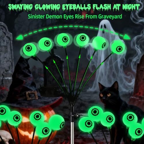 4 Pack Halloween Solar Firefly Eyeball Lights, Green Scary Outdoor Decor - Image 6