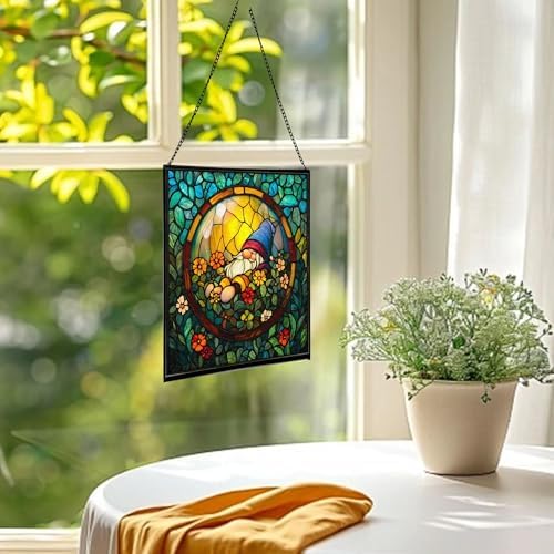 Floating Bubble Nest Gnome Stained Glass Suncatcher – Square Hanging Window Panel for Home or Greenhouse – Whimsical Glass Art Gift for Garden Lovers, Christmas, Halloween, Father Days PdPnfS - Image 3