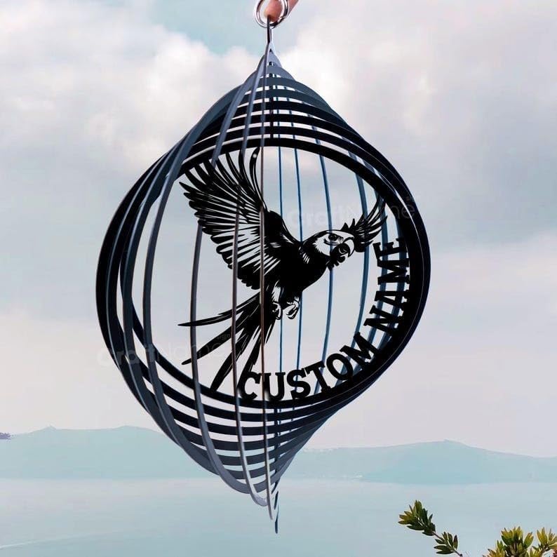 Personalized Parrot Metal Wind Spinner, Custom Tropical Bird Hanging Yard Art, Outdoor Decor (Parrot Garden Wind Spinner) by Linktee