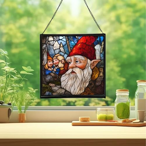 Gnome with Wisdom Sharing Stained Glass Suncatcher – Square Hanging Window Panel for Home, Garden, Nursery, Halloween, Christmas, Memorial Day – Whimsical Glass Art Gift for Gnome Lovers 19170m - Image 2