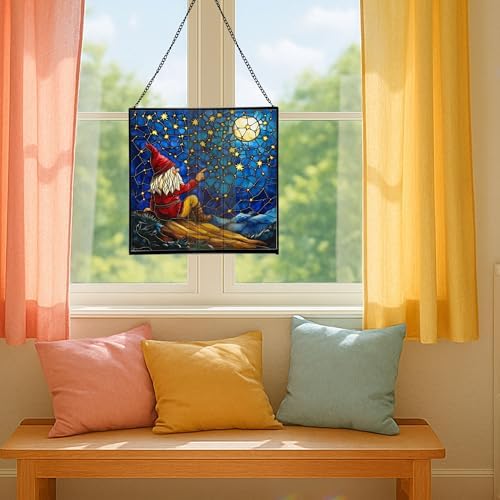 Gnome Stargazing Hill Stained Glass Suncatcher – Square Hanging Window Panel for Home or Greenhouse – Whimsical Glass Art Gift for Garden Lovers, Christmas, Halloween, Father Days CS5nfH - Image 5