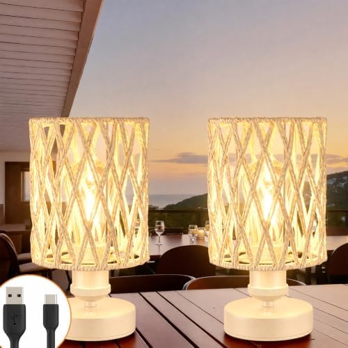 Cordless Outdoor Table Lamps, Small Rattan Boho, Rechargeable Battery Operated for Outdoor Patio, Home, Living Room, Bedroom, Bedside - Set of 2 (Ivory) by ALLFORTUNE