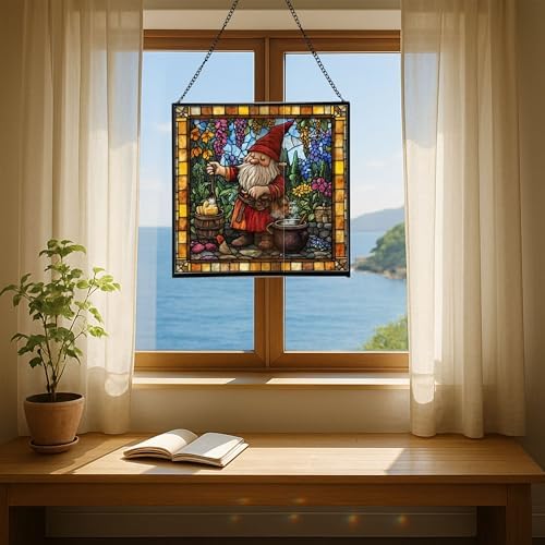 Gnome Making soap Stained Glass Suncatcher – Square Hanging Window Panel for Home, Garden, Nursery, Halloween, Christmas, Memorial Day – Whimsical Glass Art Gift for Gnome Lovers gnbpot - Image 6