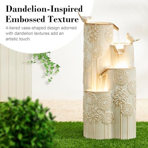 Glitzhome 31.75" H Ceramic Outdoor Water Fountain with LED Lights, 4-Tier Vase Outdoor Fountain, Sand Beige Glaze,Dandelion Texture, Bird Bath Cascading Waterfall for Garden, Patio, or Porch - Image 3