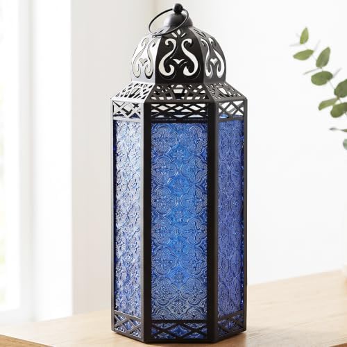 Vela Lanterns Decorative Indoor Candle Holder Table Centerpieces - Moroccan Hanging Outdoor Patio & Porch Home Decor, Turkish Floor Lamp for Wedding, Ramadan (Extra Large 16", Cobalt Blue Glass) by VelaCandleLanterns