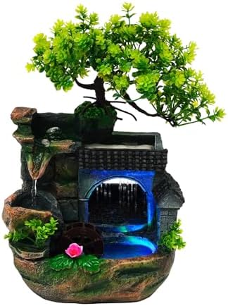 Indoor Tabletop Waterfall Fountain,11.8in LED Desk Resin Rockery by Unknown