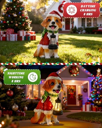 Pohabery Christmas Dog Garden Statue with Solar Lantern – Santa Dog Figurine in Red Coat & Hat, Outdoor Christmas Yard & Porch Decorations, Balcony & Lawn Decor, for Dog Lovers - Image 5