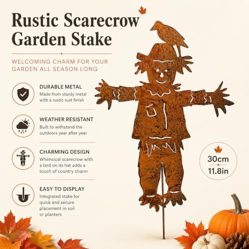 Rust Finish Metal Scarecrow Garden Stake, 27.4 Inch Fall Yard Art Decor, Flat Outdoor Lawn Ornament for Planters Flower Beds Patio - Image 2