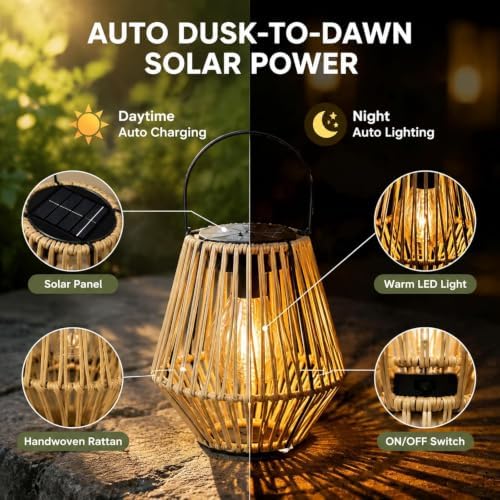 Handwoven Rattan Solar Lanterns, Waterproof Outdoor Hanging Solar Lanterns with Handles, Boho Ambient Lights for Garden, Patio, Yard, Porch, Pathway & Table Decor (2) - Image 3
