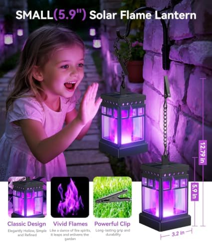 KOOPER Hanging Solar Lanterns Outdoor Waterproof, 4PCS Flickering Flame Hanging Solar Lights for Outside, Outdoor Solar Lanterns up to 12 Hours, Lanterns Decorative for Patio Yard Decor (Purple Light) - Image 2