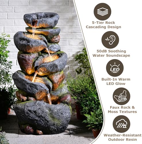 36.2''Tall Rock Outdoor Water Fountain with LED Lights - Image 4