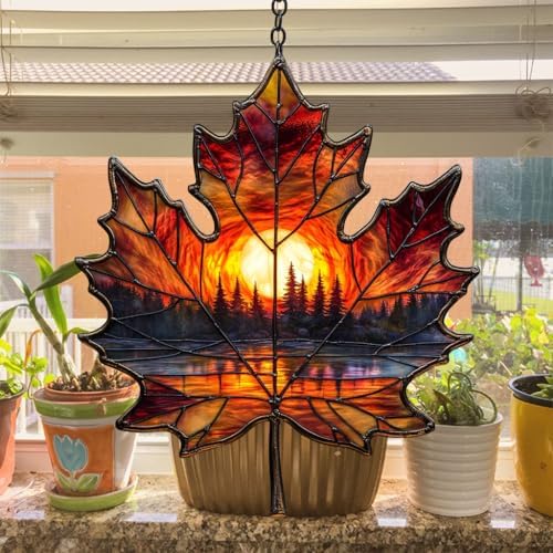 Forest Scene Sunset Maple Leaf Acrylic Suncatcher - Image 4