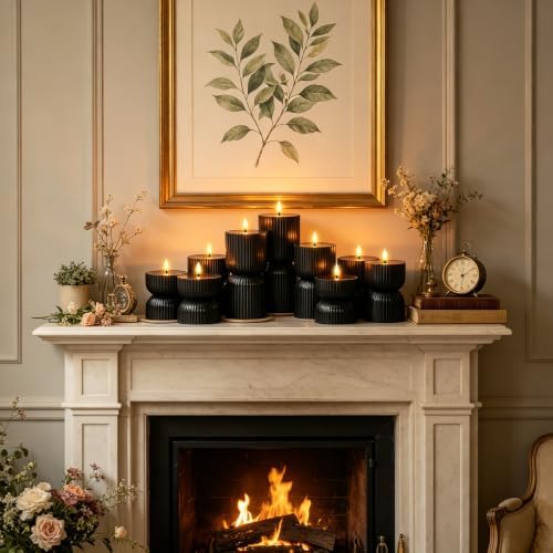 9 Pcs Ribbed Flameless LED Pillar Candles with Remote, Battery Operated Flickering Fake Candles for Wedding Fireplace Halloween Christmas Decor, Black - Image 2