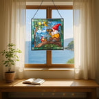 Gnome with Bird Watching Stained Glass Suncatcher – Square Hanging Window Panel for Home, Garden, Nursery, Halloween, Christmas, Memorial Day – Whimsical Glass Art Gift for Gnome Lovers yhkgtd - Image 6