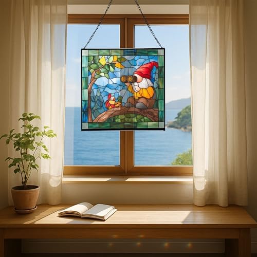 Gnome with Bird Watching Stained Glass Suncatcher – Square Hanging Window Panel for Home, Garden, Nursery, Halloween, Christmas, Memorial Day – Whimsical Glass Art Gift for Gnome Lovers yhkgtd - Image 6