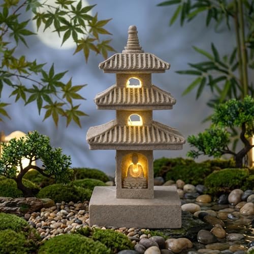 Pagoda Garden Statue, 10 Inch Weatherproof Solar Garden Decor, LED Light Zen Japanese Lantern for Backyard Balcony Patio Lawn Yard, Khaki, Pagoda Statue, Japanese Decor by Unknown