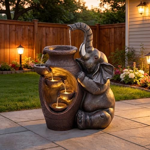 AUTODAYA 19" H Elephant Statue Outdoor Water Fountain with Warm LED Lights by Unknown
