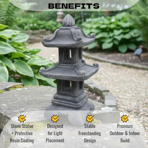 OLOMA Japanese Two Levels Concrete Garden Lantern Cement Pagoda Handcrafted Statue Outdoor Asian Zen Decor Stone Weather Proof Ornament Meditation Space Accent - Image 2