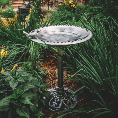 Backyard Expressions Outdoor Garden Bird Bath with Bird - Silver - Weather Resistant Polyresin - 30 Inch - Image 4