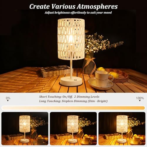 Boho Cordless Outdoor Table Lamps, Rechargeable Battery Operated Rattan Table Lamps, Stepless Dimmable, for Covered Patio, Porch, Gazebo, Living Room, Bedroom Decor- Set of 2 (Ivory White) - Image 4