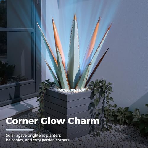 KODIBO 24" Metal Agave Plant Outdoor Decor with Solar Light, Vintage Blue - Image 6