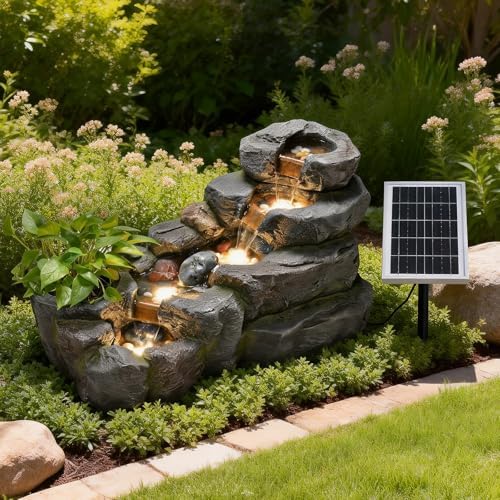 38.2" L Solar Water Fountain Outdoor Garden 5 Tiers Floor Standing Rock Natural Waterfall Outdoor Fountains with LED Lights and Planting Pot for Patio, Porch,Backyard,Home Art Decor - Image 2