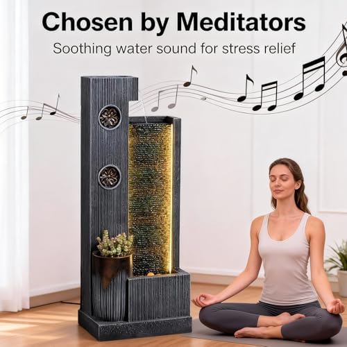 37" H Modern Indoor Water Fountains - Rectangular Outdoor Waterfall Fountain with LED Lights and Pump and Sculpted Flowers for Office, Living Room, Bedroom, Garden and Home Art Decor - Image 5