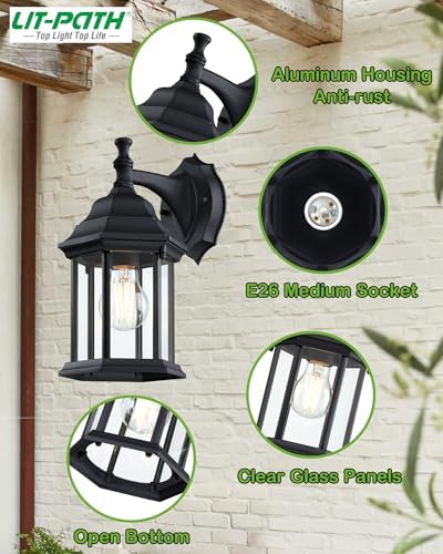 LIT-PaTH Outdoor Wall Light Fixture, Antirust Aluminum Glass, Black 2 Pack - Image 2