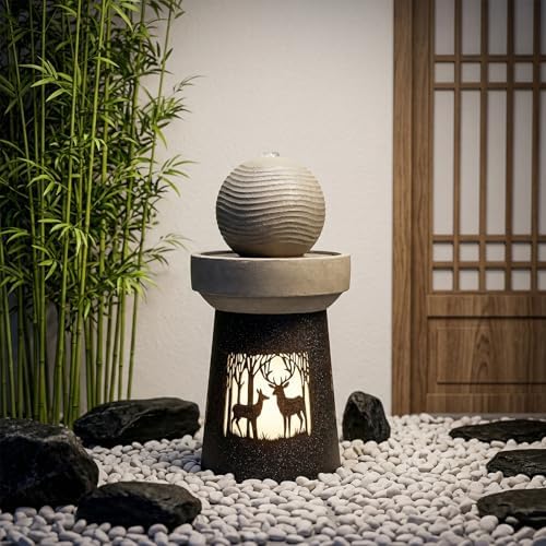 32.1''H Outdoor Barrel Water Fountain with Warm LED Light, Deer Silhouette Decorative Landscape Lantern Lamp, Outdoor Art Décor for Patio Lawn Backyard, Easy Assembly, Grey+Black - Image 7