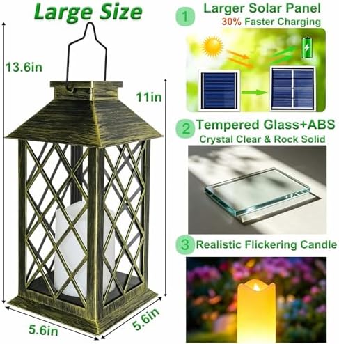 2 Pack 14" Large Tempered Glass Solar Lanterns Outdoor Waterproof, Bronze - Image 4