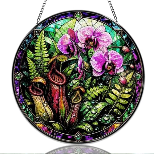 9.84 Inch Stained Glass Window Hanging Orchid and Pitcher Plant Floral Art Sun Catchers Botanical Nature Flower Suncatchers for Home Porch Garden Indoor & Outdoor Decor by Unknown