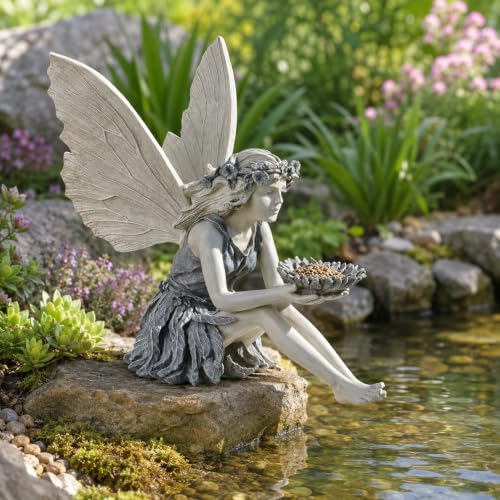 Resin Fairy Bird Feeder Statue, Sitting Winged Girl Garden Figurine with Flower-Shaped Bowl, Gray Outdoor Yard Patio and Porch Decor, 1 Pack - Image 6
