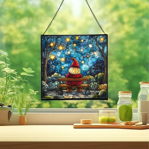 Gnome Stargazer Bench Stained Glass Suncatcher – Square Hanging Window Panel for Home or Greenhouse – Whimsical Glass Art Gift for Garden Lovers, Christmas, Halloween, Father Days lP3eNH - Image 2
