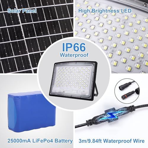100W LED Solar Flood Lights, 10000MAH Flood Light Outdoor IP66 Waterproof with Remote Control Security Lighting for Parking Lot, Yard, Garden, Swimming Pool, Pathway - Image 6