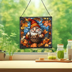 Gnome with Acorn Basket Stained Glass Suncatcher – Square Hanging Window Panel for Home or Greenhouse – Whimsical Glass Art Gift for Garden Lovers, Christmas, Halloween, Father Days hZKufe - Image 2