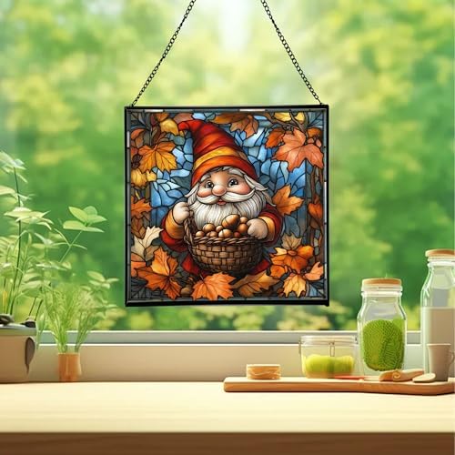 Gnome with Acorn Basket Stained Glass Suncatcher – Square Hanging Window Panel for Home or Greenhouse – Whimsical Glass Art Gift for Garden Lovers, Christmas, Halloween, Father Days hZKufe - Image 2