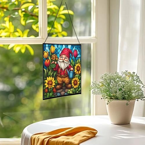 Spring Garden Gnome Stained Glass Suncatcher – Square Hanging Window Panel for Home or Greenhouse – Whimsical Glass Art Gift for Garden Lovers, Christmas, Halloween, Father Days YhRWhP - Image 3