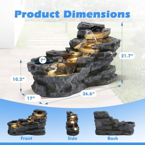 36.6" L Water Fountain Outdoor, 4-Tier Rock Cascading Water Feature - Image 3