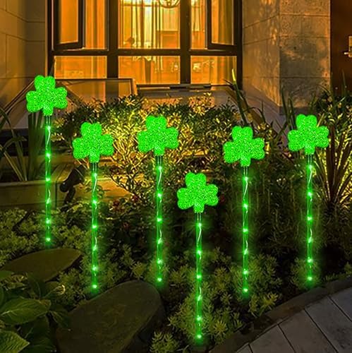 Solar Shamrocks Garden Stake Lights for St. Patrick's Day Decorations Outdoor, 8 Modes Green Lucky Clover Pathway Lights Waterproof St. Patrick's Lights for Yard Lawn Walkway Decor (6 Pack) - Image 3
