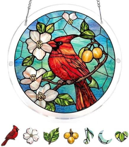 Cardinal Puzzle Acrylic Suncatcher Size 14 inches, Garden Floral Sun Catchers, Memorial Window Hanging Ornaments, Stained Glass Effect Decor for Puzzle Lovers by GIKZO
