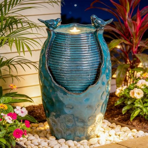 Autodaya 25" H Jar Ceramic Outdoor Water Fountain with LED Lights and Birds by Unknown