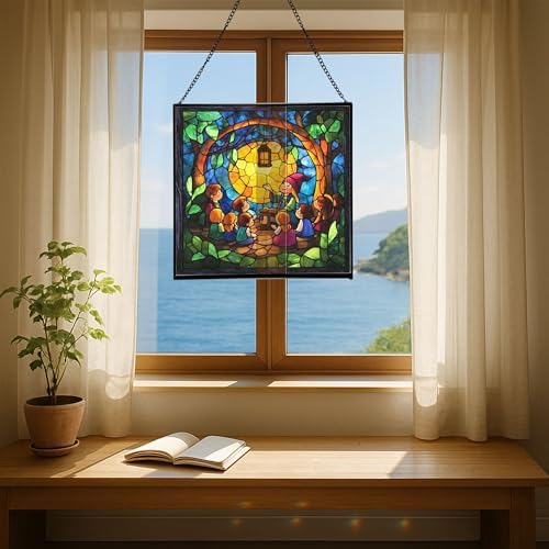 Gnome Storyteller Stained Glass Suncatcher – Square Hanging Window Panel for Home, Garden, Nursery, Halloween, Christmas, Memorial Day – Whimsical Glass Art Gift for Gnome Lovers 423hm4 - Image 6