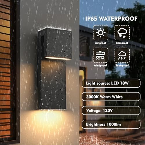 Modern LED Outdoor Wall Light 3000K 18W IP65 Waterproof Integrated LED Outdoor Wall Sconce Anti Rust Black Porch Lights Exterior Lighting Outside Lights Fixture for Garage,Balcony,Backyard 2PACK - Image 3