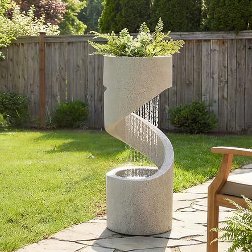 Glitzhome Outdoor Water Fountain, 40.25" H Modern Faux Terrazzo Spiral Shaped Outdoor Fountain with Pump and LED Lights, Polyresin Waterfall Fountain Water Feature for Garden, Patio, Porch Decor by Glitzhome
