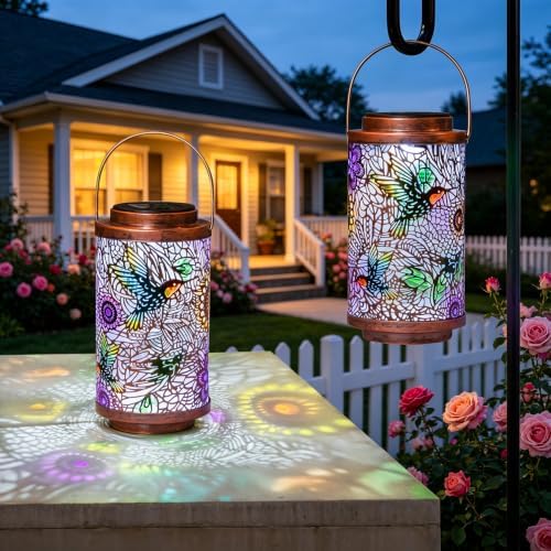 2Pack Solar Lanterns Outdoor Waterproof Hummingbird Garden Gifts for Mom, Multicolor Solar Lights Lantern for Backyard Garden, Pathway, Outside, Mothers' Day Gifts for Women Grandma by Go2garden