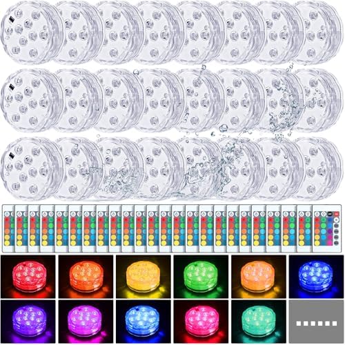 Mudder 24 Pack Submersible LED Lights with Remote 2.8" Hot Tub Lights Waterproof Pool Underwater LED Light Battery Operated Bathtub Lamp 16 Color Changing Lamp for Pool Pond Vase Aquarium Decoration by Mudder