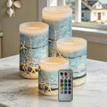 Flickering Flameless Candles 4 Pieces Set, LED Pillar Candles with Timer Battery Operated Tea Lights for Coastal Decor, Beach Starfish with Blue Wood Grain by NETILGEN